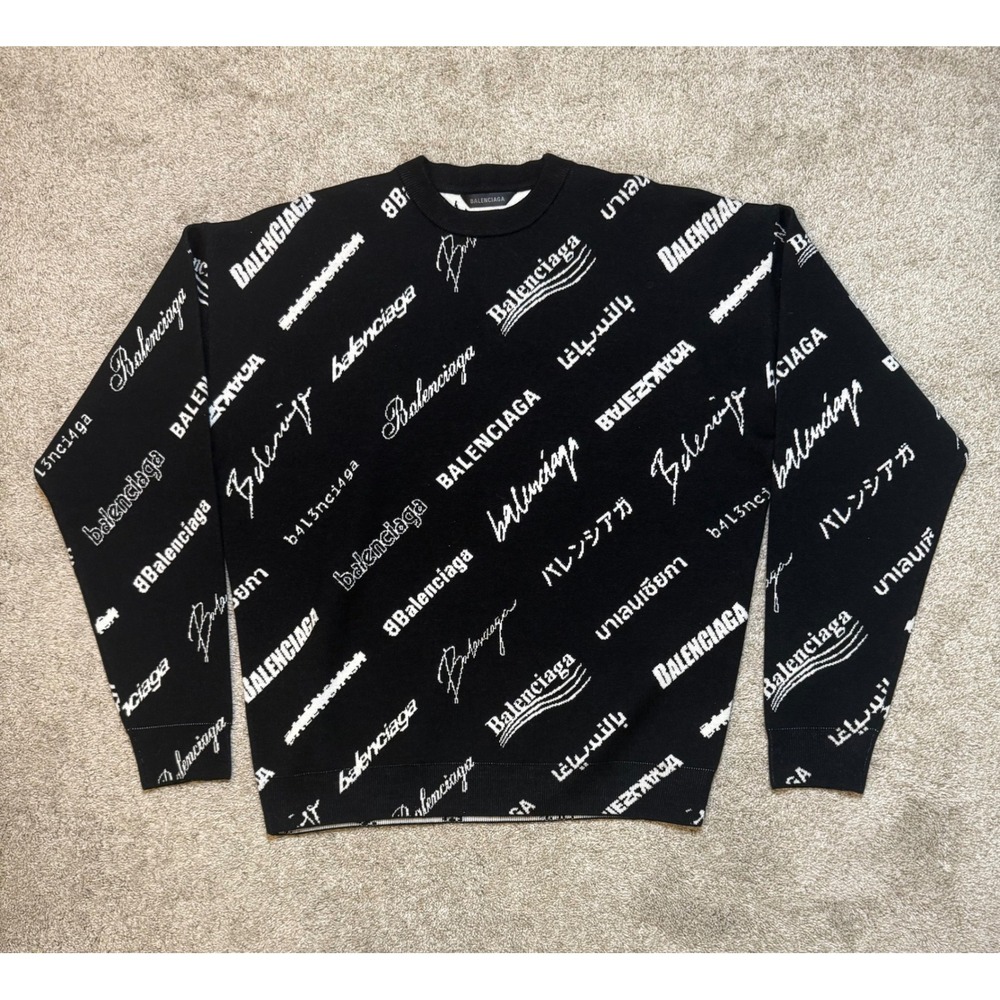 Balenciaga All Over Logo Wool Knit Sweater Fits Size L-XL